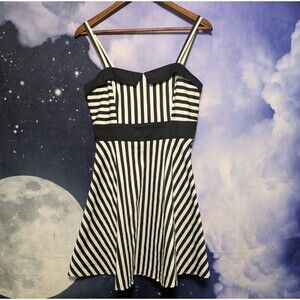 IXIA Black White Striped Fit & Flare Dress Large Beetlejuice Gothic Rockabilly